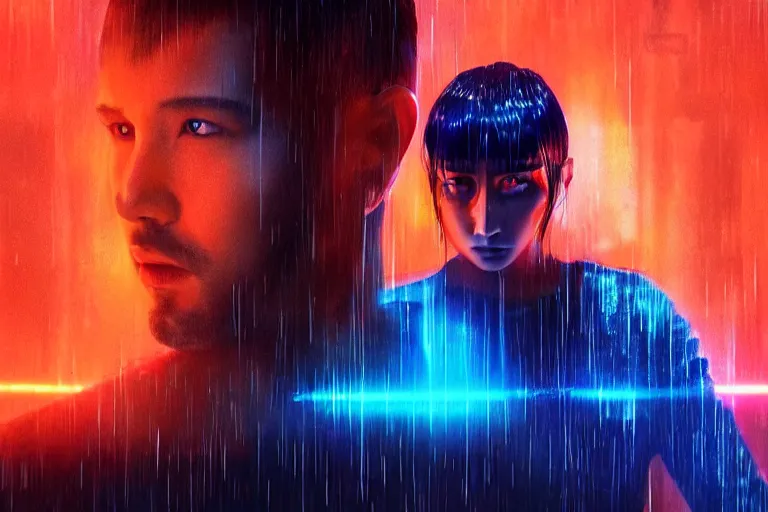 Image similar to a still from the film bladerunner 2 0 4 9 depicting haruka abe wearing an orange prison jumpsuit. behind her a blue holographic face dominates the background. futuristic medical equipment surrounds haruka abe. sci fi, futuristic,