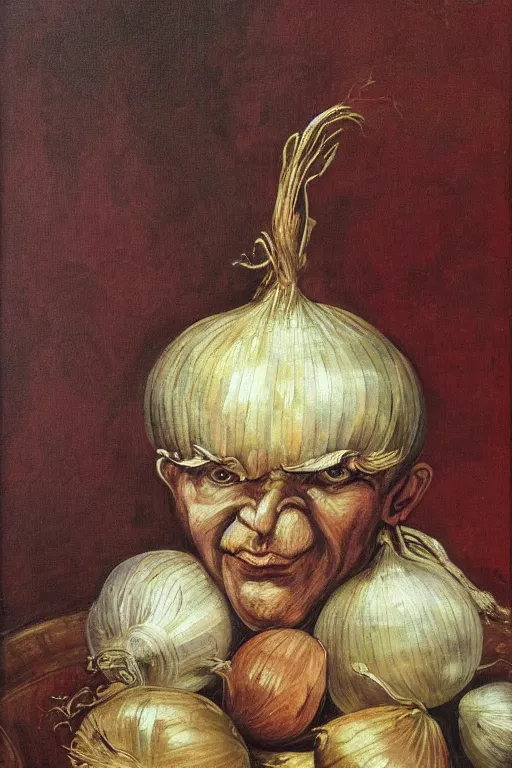 Prompt: onion man portrait, baroque painting, surrounding onions