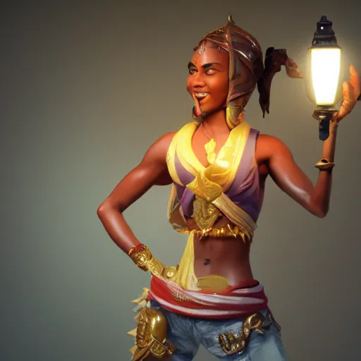 Image similar to a short young genie, with spikey short brown hair, brown skin, abs, a confident smile, emerging from her lamp and flexing her bicep, trending on artstation, 4k, hyperrealistic, focused, extreme details, unreal engine 5, cinematic, masterpiece