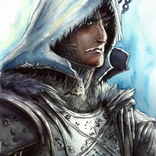 Prompt: A watercolor portrait of a character from Dark Souls, 4k, in the style of Berserk, trending on artstation, tasteful, bokeh, hyperrealistic, highly detailed, good proportions