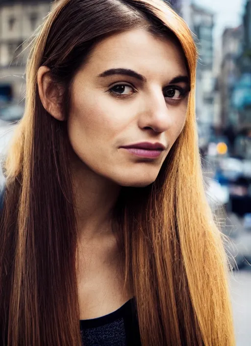 Image similar to color realistic portrait of a beautiful, stylish, 30-year-old French woman, with long, straight hair, street portrait in the style of Mario Testino