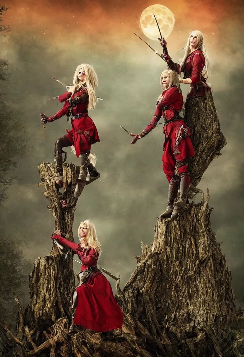 Prompt: a blonde medieval female soldier standing on a short treestump, red lunar eclipse, detailed, fantasy, in the style of Gwent, epic composition, red background