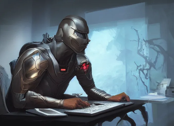 Image similar to an insanely detailed painting of an asian man wearing a homemade superhero costume, sitting at a desk, staring seriously at the computer and typing, in the style of peter mohrbacher, james jean, artgerm, dramatic lighting and composition, surreal background, octane render, pixar, trending on artstation, concept art, comic book, view from behind, 8 k