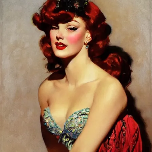 Prompt: portrait of a beautiful woman, intricate, elegant, highly detailed, by gil elvgren, greg manchess, mucha