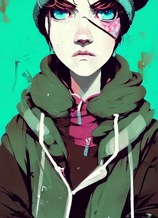 Image similar to highly detailed portrait of a sewer punk lady student, blue eyes, tartan hoody, hat, white hair by atey ghailan, by greg rutkowski, by greg tocchini, by james gilleard, by joe fenton, by kaethe butcher, gradient green, black, brown and magenta color scheme, grunge aesthetic!!! ( ( graffiti tag wall background ) )