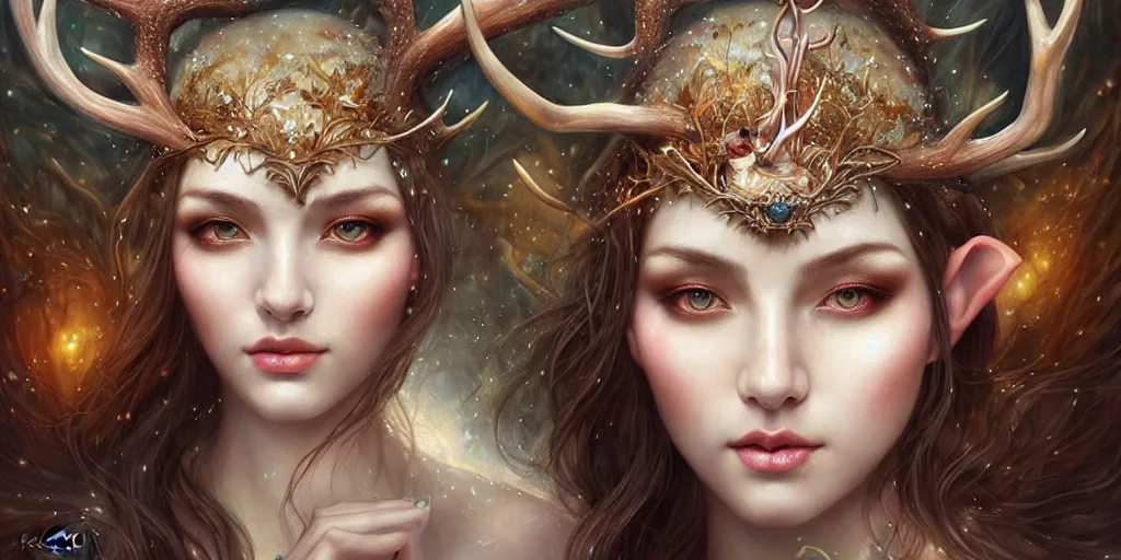 Prompt: a portrait of a group of female elf sorceress with antlers bathing in a lake by karol bak and jia ruan, beautiful detailed eyes, cute, fantasy, intricate, elegant, highly detailed, digital painting, 4 k, hdr, concept art, detailed jewelry, smooth, sharp focus, illustration, art by artgerm