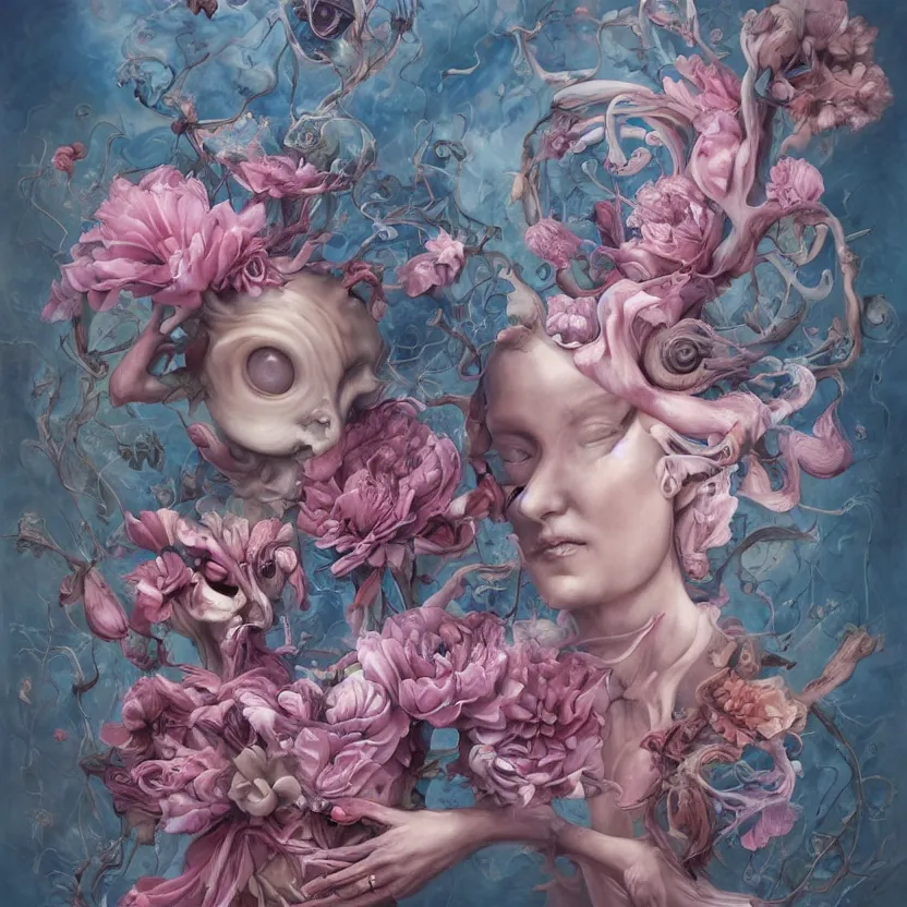 Image similar to a biomorphic painting of a vase with flowers and eyeballs in it, a surrealist painting by Marco Mazzoni, by Peter Mohrbacher, by Dorothea Tanning, pastel blues and pinks, featured on artstation, metaphysical painting, oil on canvas, fluid acrylic pour art, airbrush art,