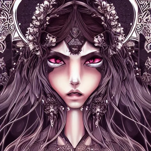 Prompt: demonic consort, heroine, beautiful, detailed symmetrical close - up portrait, intricate complexity, in the style of artgerm and kazuki tanahashi, cel - shaded