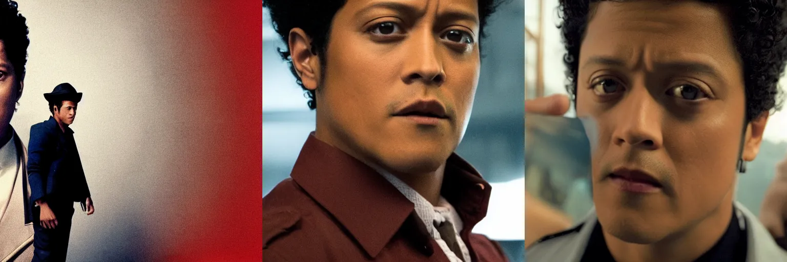 Prompt: close-up of Bruno Mars as a detective in a movie directed by Christopher Nolan, movie still frame, promotional image, imax 70 mm footage