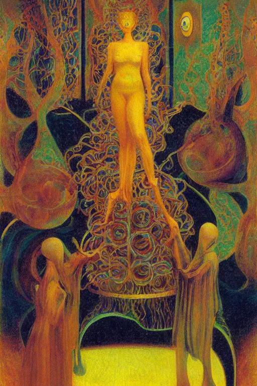 Prompt: realistic portrait of an engineer woman programming the samsara holy cluster, fine portrait, concept art, stunning, visionary, by brecht evens, by jean delville, by francis bacon