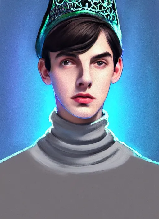 Image similar to portrait of teenage jughead jones wearing a light grey crown, crown, blue turtleneck, 1 9 5 0 s, closed eyes, photorealistic, black hair, glowing lighting, intricate, elegant, glowing lights, highly detailed, digital painting, artstation, concept art, smooth, sharp focus, illustration, art by wlop, mars ravelo and greg rutkowski