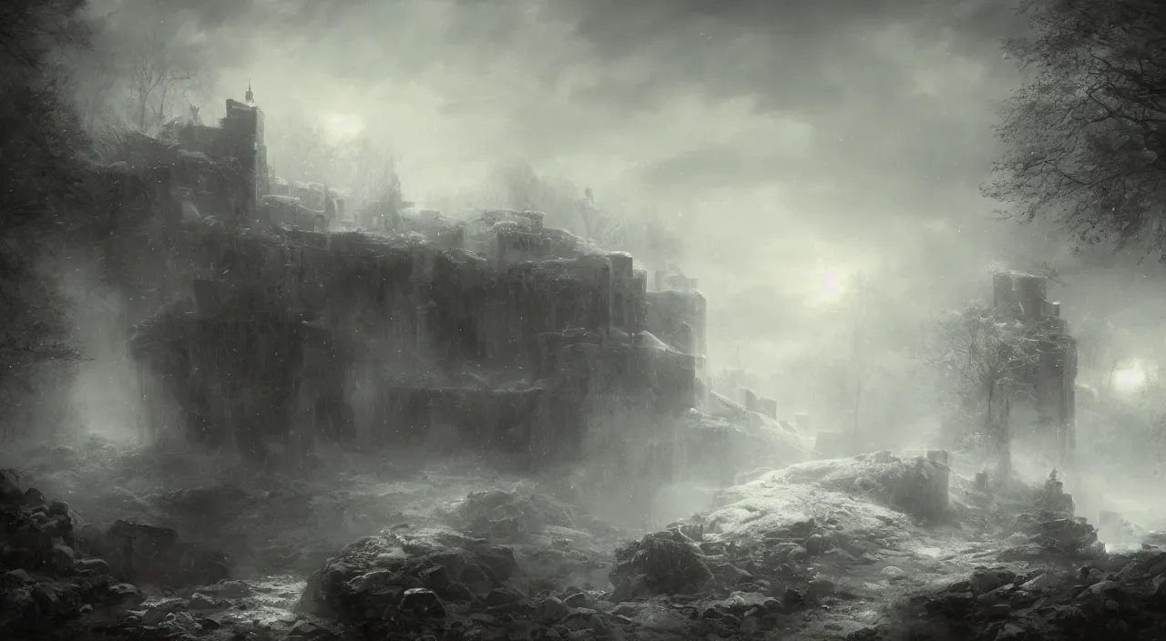 Prompt: abandoned fortress melancholy tundra. andreas achenbach, artgerm, mikko lagerstedt, zack snyder, tokujin yoshioka