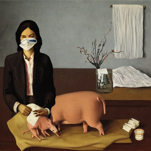 Prompt: a tall female pathology student holding a pig in an empty hotel room, a river flooding inside, medical supplies, medical mask, syringes, pathology sample test tubes, pigs, plants in glass vase, water, river, rapids, canoe, pomegranate, berries dripping, waterfall, swans, acrylic on canvas, surrealist, by magritte and monet