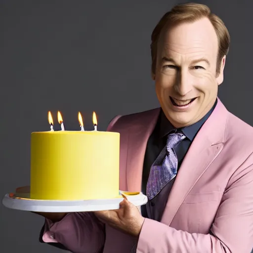 Prompt: bob odenkirk, grinning, wearing a light - pink suit, holding a light - yellow birthday cake, lit candles, studio photograph, cinematic lighting, symmetrical face