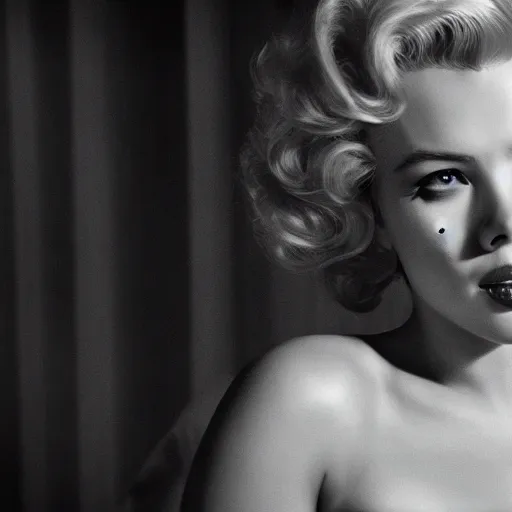 Prompt: stunning awe inspiring scarlett johansen as marilyn monroe, movie still 8 k hdr atmospheric lighting