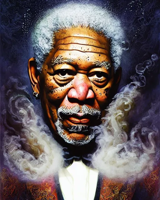 Image similar to a highly detailed portrait of Morgan Freeman as a devious male magician radiating a powerful energy aura, ornate back tuxedo, wispy tendrils of smoke, swirling vortex of energy, performance art, intricate, digital painting, old english, raining, sepia, particles floating, whimsical background by marc simonetti, art by artgerm and greg rutkowski and alphonse mucha