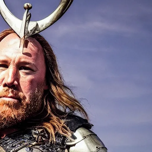 Image similar to Alex Jones dressed as a viking jarl, standing at the helm of a longship