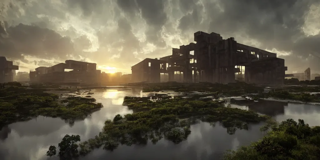 Image similar to brutalist architecture, streetscapes, surrounded by lush green forest and murky ponds of water, stunning volumetric lighting, sunset, rusted steel, smooth solid concrete, stunning skies, trending on Artstation, 8k, photorealistic, hyper detailed, unreal engine 5, IMAX quality, cinematic, epic lighting, in the style of the game DOOM, by Greg Rutkowski