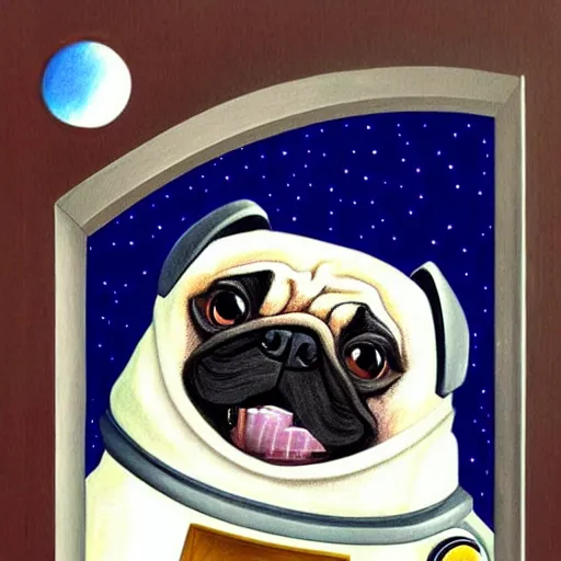 Image similar to gif, high - resolution, pencil art, colorized, extra - detailed, pug astronaut, opening door, in space that leads into the universe