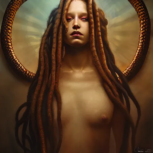 Image similar to seductive medusa with snakes as dreadlocks portrait, mysterious atmospheric lighting, painted, intricate, volumetric lighting, beautiful, menacing, rich deep colours masterpiece, golden hour, sharp focus, ultra detailed, by leesha hannigan, ross tran, thierry doizon, kai carpenter, ignacio fernandez rios