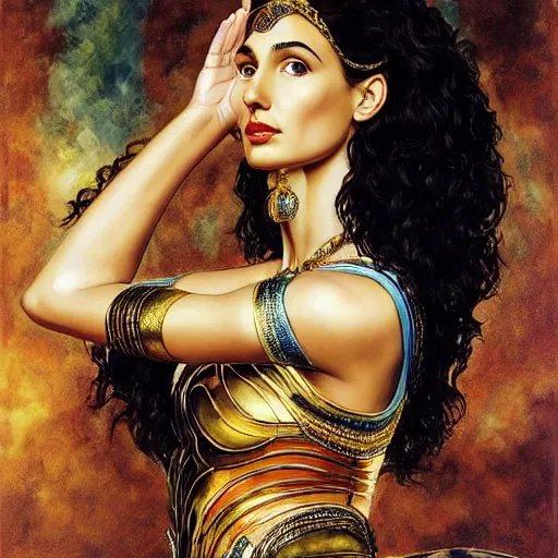 Image similar to Full body oil painting of the beautiful goddess Gal Gadot as Cleopatra, she is wearing a strophion and a surreal ornate, her hair is natural disheveled, she is approaching heaven over the clouds, naturalism, dramatic lighting, high-detailed oil painting by Ilya Repin, Michelangelo da Caravaggio, William Blake, Alex Grey and Beksinski, trending on Artsation, hystorical painting, naturalism, masterpiece, 4k, 8k,