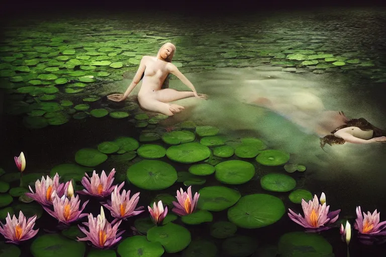 Image similar to hyperrealistic cinematic 3 d portrait of a woman's head and shoulders floating below the surface of a pond, surrounded by a forrest of lillies, deep focus, intricate, elegant, highly detailed, matte, sharp focus, by bill henson and gregory crewdson and james jean, trending on artstation