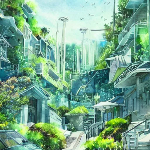 Image similar to Beautiful happy picturesque charming futuristic sci-fi town in harmony with nature. Beautiful light. Water and plants. Nice colour scheme, soft warm colour. Beautiful detailed watercolor by Lurid. (2022)