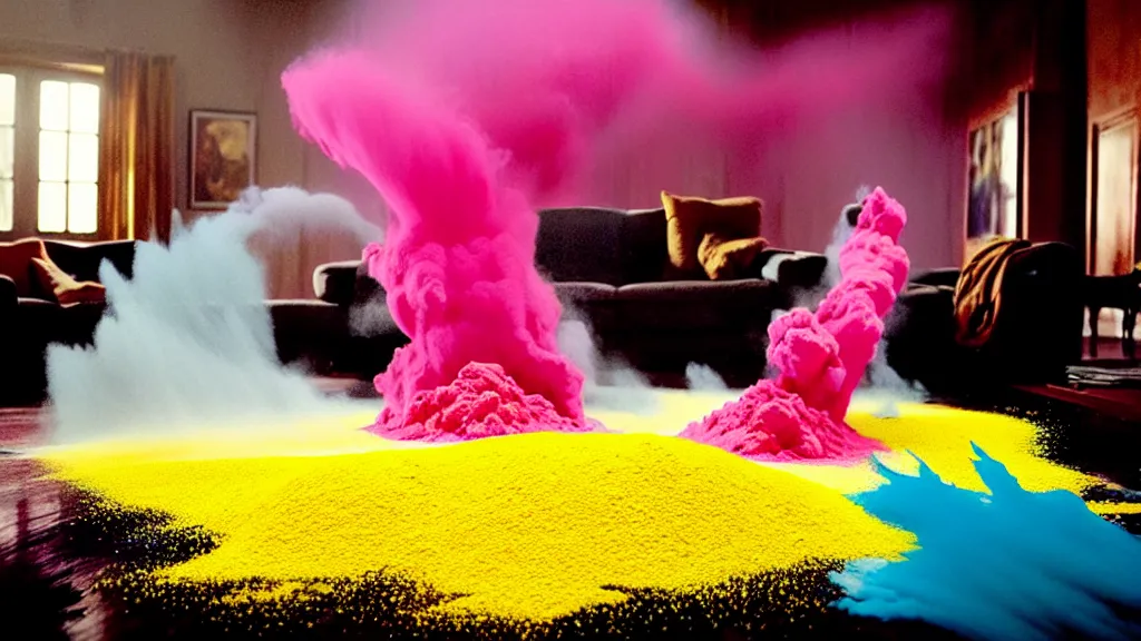 Image similar to colored powder explosion in the living room, film still from the movie directed by Denis Villeneuve with art direction by Salvador Dalí, wide lens