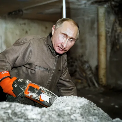 Image similar to putin with a chainsaw. in a concrete bunker with a pile of corpses. focus on putins face with blood splatters. canon eos r 3, f / 1. 4, iso 1 6 0 0, 1 / 8 0 s, 8 k, raw, grainy