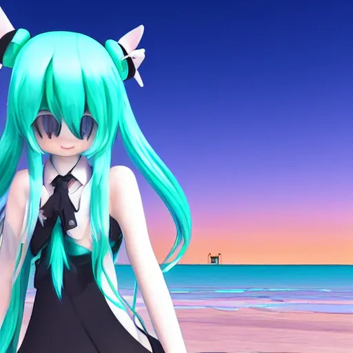 Image similar to hatsune miku takes a walk on evening beach, photo, f 2,4