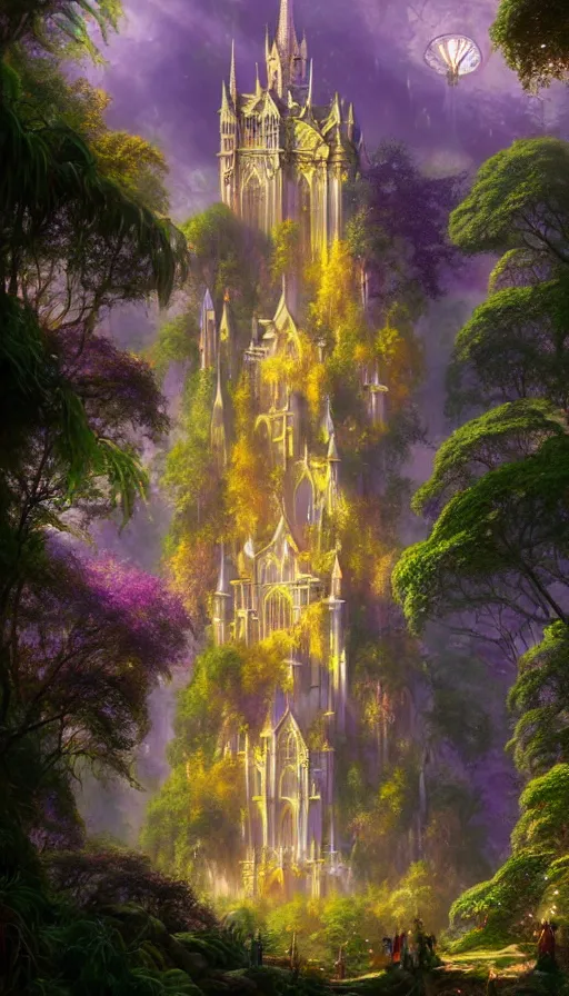 Image similar to fairy palace, castle towers, sunbeams, gothic cathedral, Japanese shrine waterfall, gold and gems, purple trees, lush vegetation, forest landscape, painted by tom bagshaw, raphael lacoste, eddie mendoza, alex ross concept art matte painting