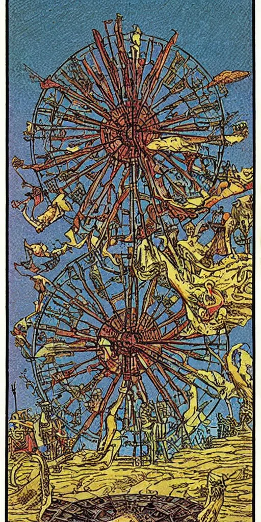Prompt: the tarot card of the wheel of fortune painted by moebius.