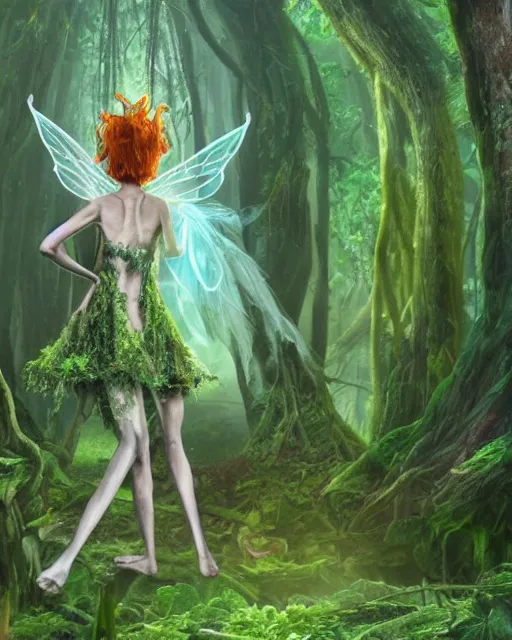 Image similar to a doomed fairy walking towards a ravenous, horrific portal to hades embedded in a creepy tree in a densely overgrown, magical jungle, fantasy, dreamlike sunraise, stopped in time, dreamlike light incidence, ultra realistic