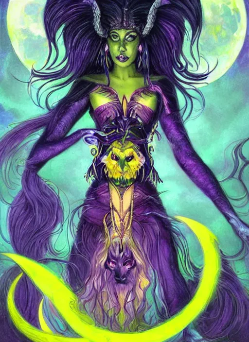 Prompt: portrait of princess of the dreamlands and moon beast, beautiful! coherent! by brom, deep colors, yellow purple green black, strong lines