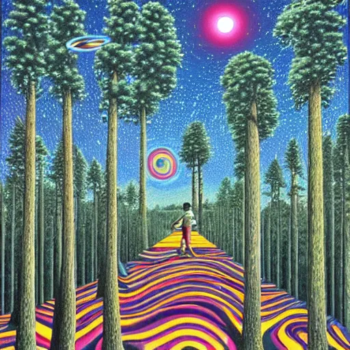 Prompt: psychedelic, trippy, raspberry, pine forest, planets, milky way, cartoon by rob gonsalves