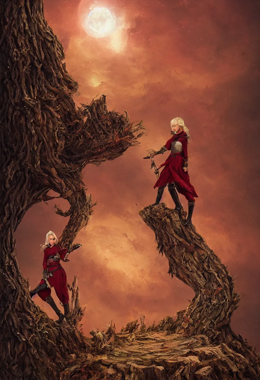 Prompt: a blonde medieval female soldier standing on a short treestump, red lunar eclipse, detailed, fantasy, in the style of Anna Podedworna, Bryan Sola, Bartlomiej Gawel, Bogna Gawrońska, Ástor Alexander, Bogdan Rezunenko, Gwent, epic composition, red background