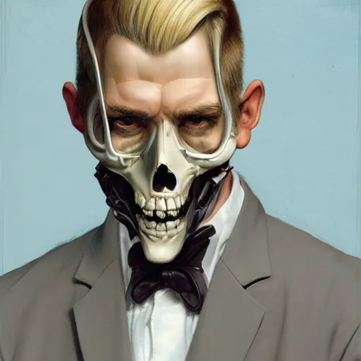 Prompt: Portrait of a suited blond with medical gloves and a skull face mask, by Gerald Brom, Kim Kyoung Hwan and Norman Rockwell