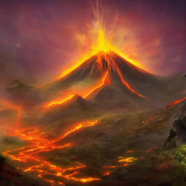 Prompt: a painting of a volcano from which come out flowers and stars exotic plants, all this happens in some kind of fantasy world, almost like in the sky or all in the amazing outdoors view, long exposure, 8 k resolution, trending on artstation