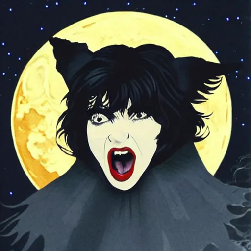 Image similar to Kate Bush as a werewolf howling at the moon