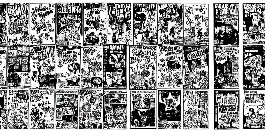 Prompt: zine of an underground comic book, black and white, diy, comic art, robert crumb, underground, punk