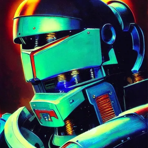 Image similar to a dark and colorful close - up side profile portrait of a sci - fi mecha robot with led lights glowing fog in the background. highly detailed science fiction painting by norman rockwell, frank frazetta, and syd mead. rich colors, high contrast, gloomy atmosphere, dark background. trending on artstation