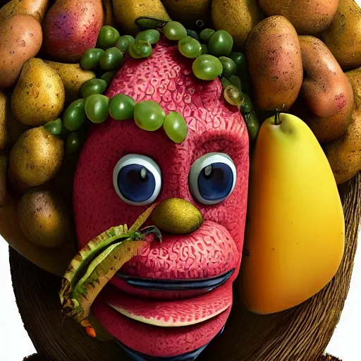 Image similar to giuseppe arcimboldo, potato head, fruit monster, unreal engine, new scifi movie