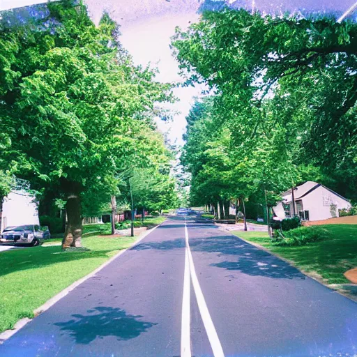 Prompt: a photograph of a suburban street during summer, 2 0 0 6, taken with a disposable camera