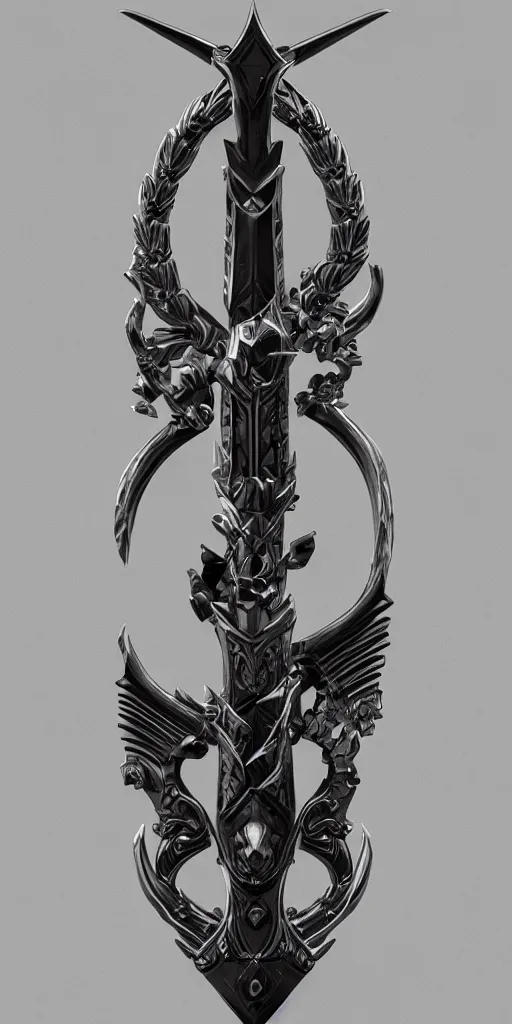 Prompt: a black and silver sword skull crest, ornament, weapon, a 3 d render by dom qwek, front side, concept art, trending on polycount, artstation, hard surface modeling, rendered in maya, zbrush, hd, vray, blizzard, symmetry