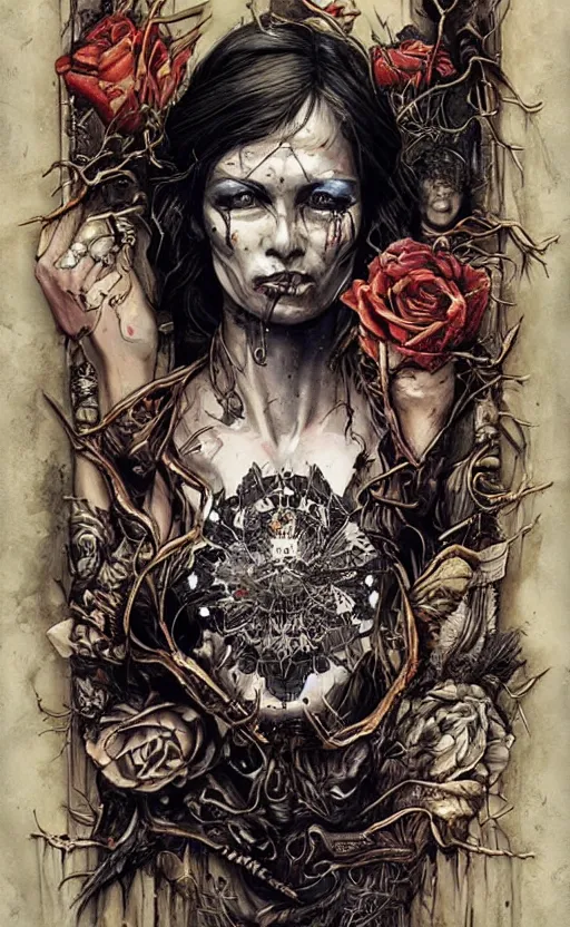 Prompt: a horror tarot card design with intricate details :: Sandra Chevrier and bastien lecouffe deharme