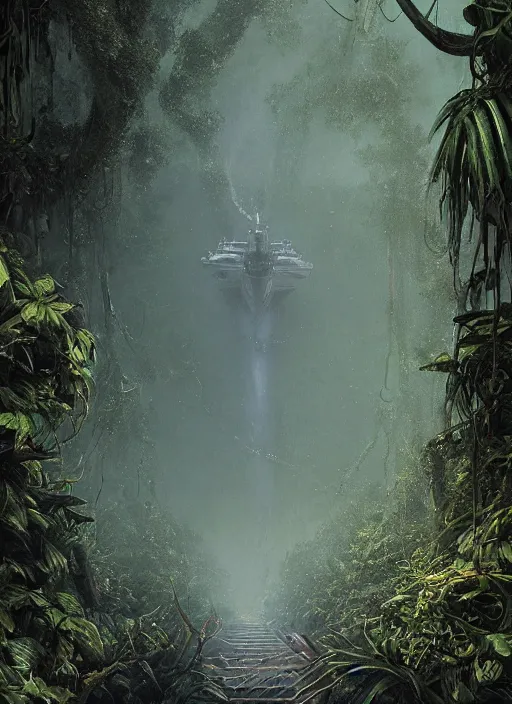 Prompt: aircraft carrier USS Nimitz laying on the ground of a tropical forest, overgrown with vegetation, hanging vines, post appocalyptic, by Luis Royo, by Greg Rutkowski, dark, gritty, intricate, cover illustration, concept art, volumetric lighting, volumetric atmosphere, sharp focus, octane render, trending on artstation, 8k