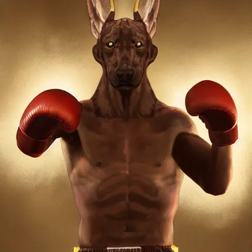 Image similar to anubis as a boxer ready to take on the world champ, boxing ring, strong spotlights, 4 k, trending on artstation, sakimichan, craig mullins, artgerm, greg rutkowski