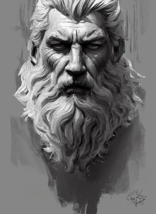 Prompt: painted portrait of rugged zeus, greek god, white hair, masculine, mature, handsome, upper body, muscular, hairy torso, fantasy, intricate, elegant, highly detailed, digital painting, artstation, concept art, smooth, sharp focus, illustration, art by gaston bussiere and craig mullins