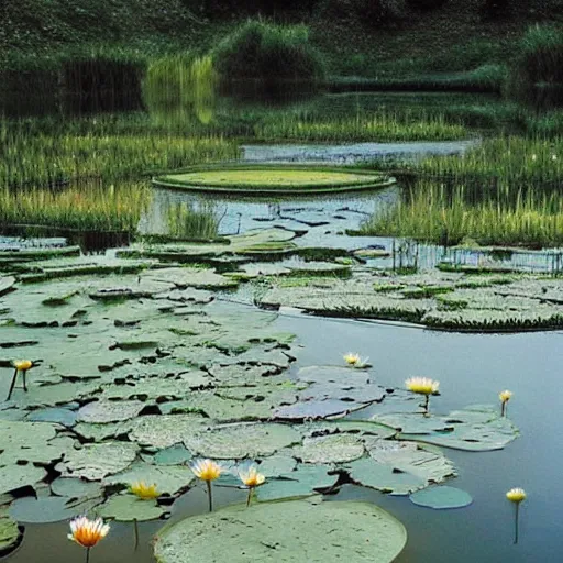 Image similar to sketched, renaissance offhand by valerio olgiati, by scarlett hooft graafland. a peaceful installation art that shows a pond with water lilies floating on the surface. the colors are soft & calming, & the overall effect is one of serenity & relaxation.