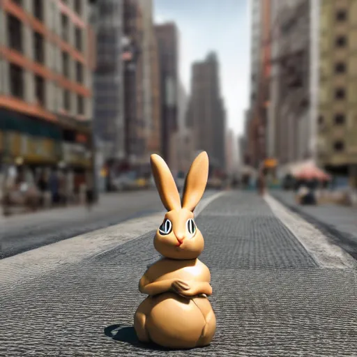 Image similar to a clay sculpture of a funny bunny, new york city background, hyper realistic, 3 d render